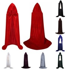 Adult Kid Long Hooded Velvet Cloak Halloween Cosplay Medieval Witch Cape Robe UK