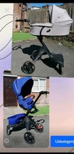 Stokke Xplory v5, Grey Carry Cot AND  Blue Stroller, Stokke Pushchair