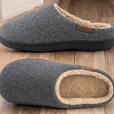 Men's Sherpa Slippers Grey Beige Lined Uk Size 10-11 Christmas Gift Warm Cosy