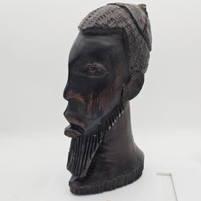 Vintage Carved African Tribal Man Head Bust Statue Black Ebony Wood Sculpture 