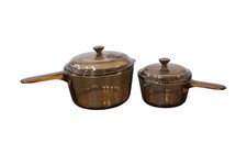 2 X Corning France Brown Amber Glass Saucepans + Lids 16Cm 20Cm Vision Pans