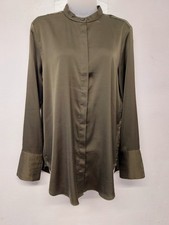 H&M Ladies Khaki Green Satin Blouse Shirt Size 10 Long Sleeve Button Up