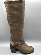 Graceland Knee Boots Brown Faux Leather Zips Buckles Block Heels Women Uk 4