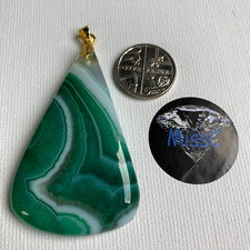 GREEN STRIPED  AGATE LARGE 53X32MM TEARDROP PENDANT WITH GOLD PLATED BAIL