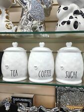Set Of 3 Ceramic White Tea Coffee & Sugar Storage Heart Lid Jar Shabby Chic