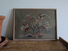 Vintage Antique Floral Tapestry Embroidery Cross Stitch Picture Framed Tree Life