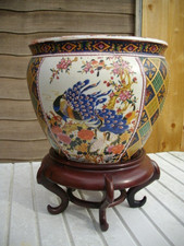 LARGE Fish Bowl Oriental Planter Jardiniere with Wooden Stand