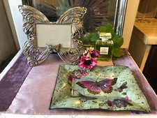 Silver Shinny Butterfly Shape Photo Fame & Fused Glass Ornate Butterfly Tray/VGC
