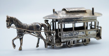 Vintage Silver Miniature Horse Drawn Trolley Car with Man Conductor 60gr - F027