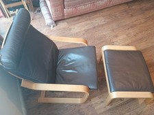 IKEA Poang Brown Leather Chair and Footstool Set, Birch Wood