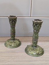 Vintage Candlestick Pair Set Green Metal Ornate Shabby Chic