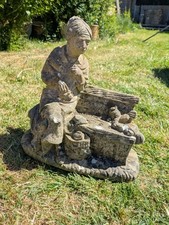Vintage Stone Garden Statue Old Lady Feeding Squirrels On A Bench