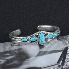Boho Women Tibetan 925 Silver Turquoise Zircon Open Bangle Cuff Bracelet Jewelry