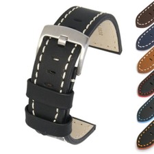 Genuine Calf Leather Watch Strap Contrast Stitching with Brushed Steel Buckle