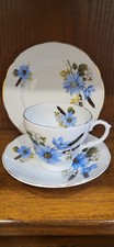 1970s VINTAGE ALBANY BONE CHINA TRIO SET OF 3~ BLUE FLORAL/GOLD CUP/SAUCER/PLATE