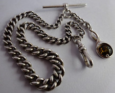 Antique solid silver pocket watch albert chain & silver fob set with green amber