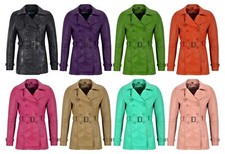 Women's Trench Classic Mid Length Double Breasted Lambskin Leather Jacket Coat