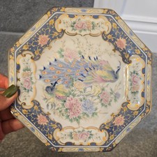 Japanese Octagonal Peacock Decorative Plate Blue Gold Floral Porcelain Leonardo