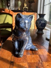 Vintage Dark Blue Marbled Ceramic Cat Statue Figurine- Pottery Craft- 15 Cm Tall