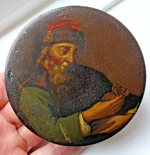 19TH CENTURY PAPIER MACHE LACQUERED SNUFF BOX OLDER GENTLEMAN WITH BAG OF COINS?