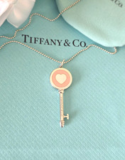 Tiffany & Co Heart Silver and Pink Enamel Pound Key 18" beaded Chain Necklace
