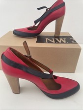 Hobbs T-Bar Shoes UK8 EU41 Red Navy Leather Made in Italy Box, Bag + Heel Tips