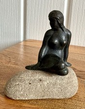 Vintage Metal Little Mermaid Figure Nude Statue On Stone Rock - Copenhagen - 3”