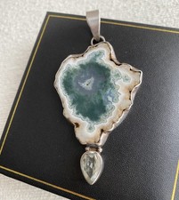 Large Moss Agate / Tree Agate Stalactite Slice Pendant 925 Sterling Silver 