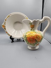 Vintage Hand Painted Water Pitcher And Wash Bowl Small Orange And Yellow Flowers