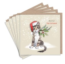 Christmas Cards Pack of 5 Festive Tabby Kitten –Cute Cat Pet Lover Xmas Cards