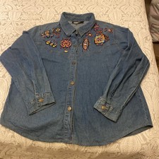 Indigo Moon Womens Beaded Denim Top Size Lge/XL Western Boho 