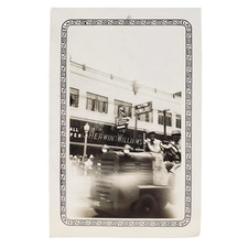 Soldiers on Tractor in Motion Snapshot 1940s Street Storefronts & Signs C3517