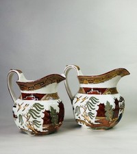 Lot Of 2 Antique C.1920’s Wedgwood Etruria Willow Pattern Pearlware Jug Pitcher