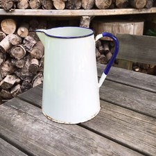 Large Old Vintage Shabby Chic White & Blue Enamel Decorative Jug Vase 4.5litres