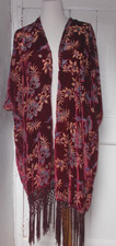 INDIGO M&S PINK RED DEVORE BURN OUT VELVET KIMONO FRINGE JACKET SZ S oversized