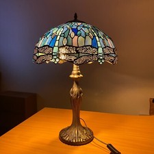 TIFFANY BLUE DRAGONFLY STYLE TABLE LAMP 16 INCH STAINED GLASS SHADE HANDCRAFTED