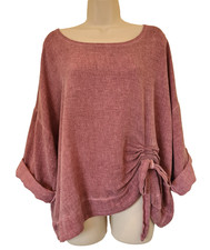 Italian Washed Linen Top Lagenlook round neck Ruched tie Tunic One Size UK 10-16