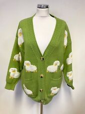 JL LUODUOER GREEN SHEEP MOTIF V NECK BUTTON FRONT LONG SLEEVED CARDIGAN SIZE L