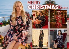 Womens Ladies Christmas Tree Kissing Reindeer Flared Swing Mini Dress