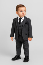 Little Boys Charcoal Grey Wool Effect Wedding Suit with Black Piping Couche Tot