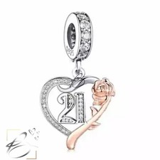 💖 21st Birthday Charm Rose Heart CZ Genuine 925 Sterling Silver  Bead