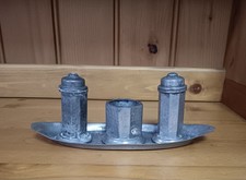 Art Deco Cruet Set - English Pewter - Salt, Pepper & Mustard On Boat Shaped Tray