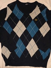 Fred Perry Blue Argyle V Neck Jumper - Size Medium 21" P2P - Ska Mod Scooter