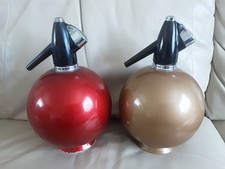 Two Vintage BOC Sparklets Globe Master Soda Syphons, Red & Gold
