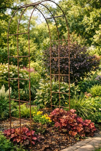 Rust metal garden arch - metal, plant