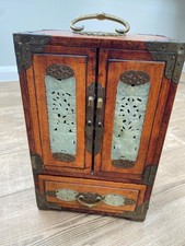 Vintage Oriental Tabletop Wood Cabinet with Jade Style Panels and Brass Fittings