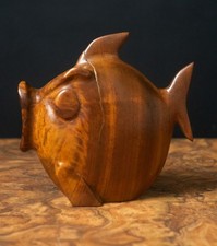 Vintage Hand Carved Wooden Fish Sculpture Signed Folk Art Nautical Decor 18cm