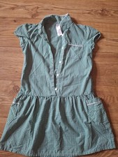 Girls Size 9-10 Years Green Gingham School Dress, Button Closure, Side Pockets