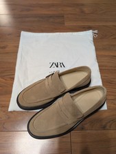Zara Penny Strap Split Suede Leather Loafers Beige UK 10