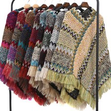 Women Poncho with Tassels Knitted Shawl Scarf Fringed Wrap Sweater Pullover Cape